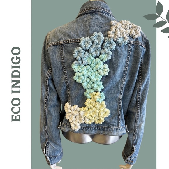 Eco Indigo Upcycled Jean Jacket Floral Crochet Flowers Cotton Blue Size Large - Picture 1 of 10